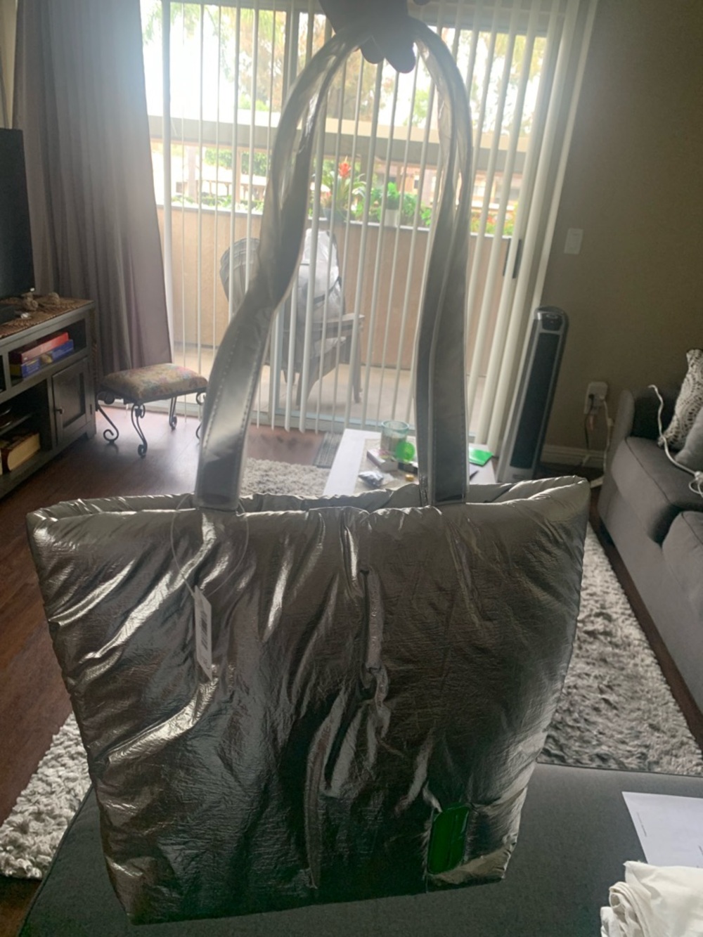 NWT Clinique Green Sliver Metallic Puffy Shoulder Tote Bag 15 X 13 X 4.5 Inches